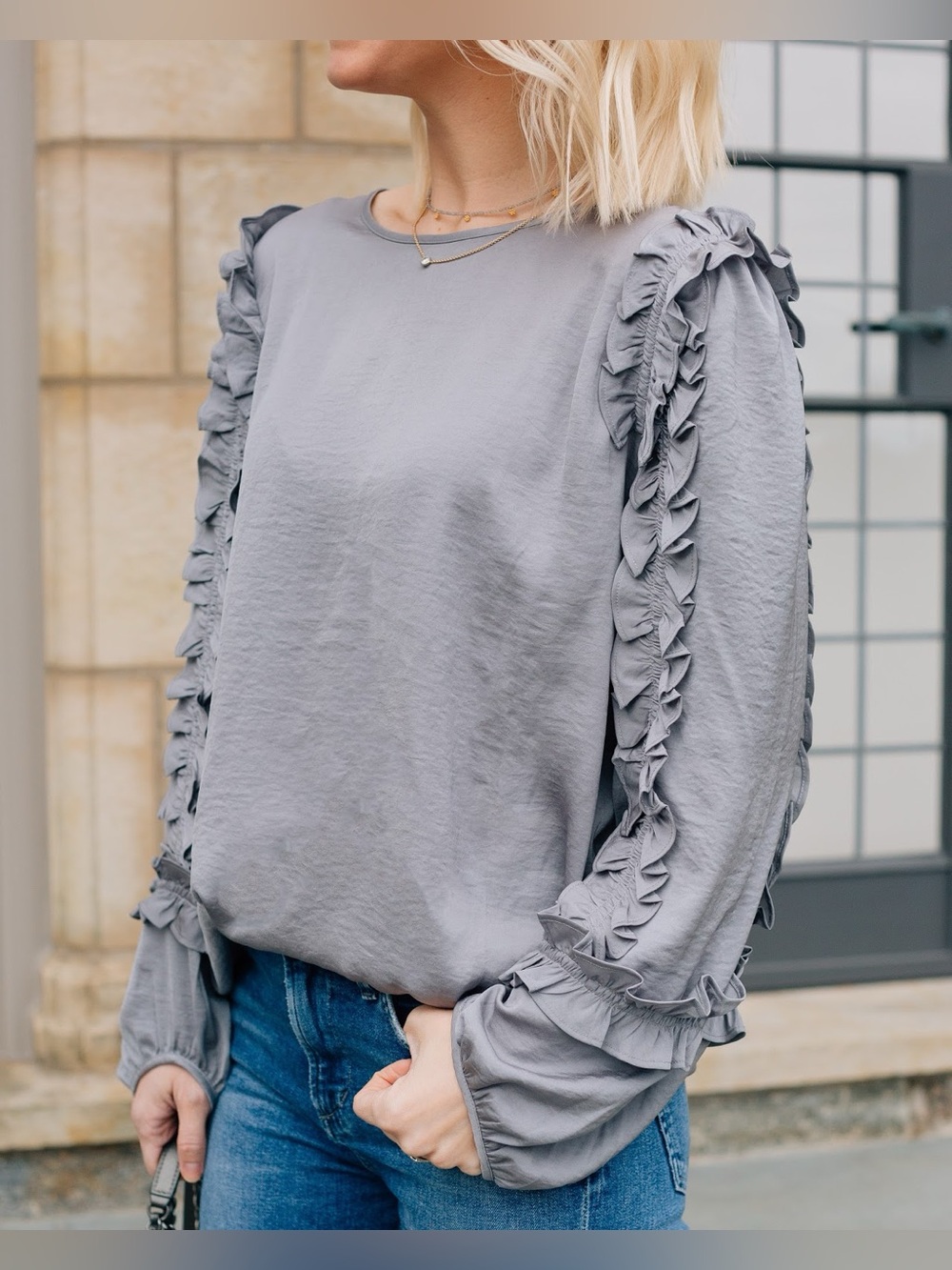 Ann Taylor Ruffle-Trim Oversized Blouse in Light Gray Size XXS